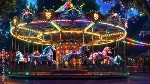 A brightly lit, colorful carousel spinning at night surrounded by festive lights and a joyful atmosphere