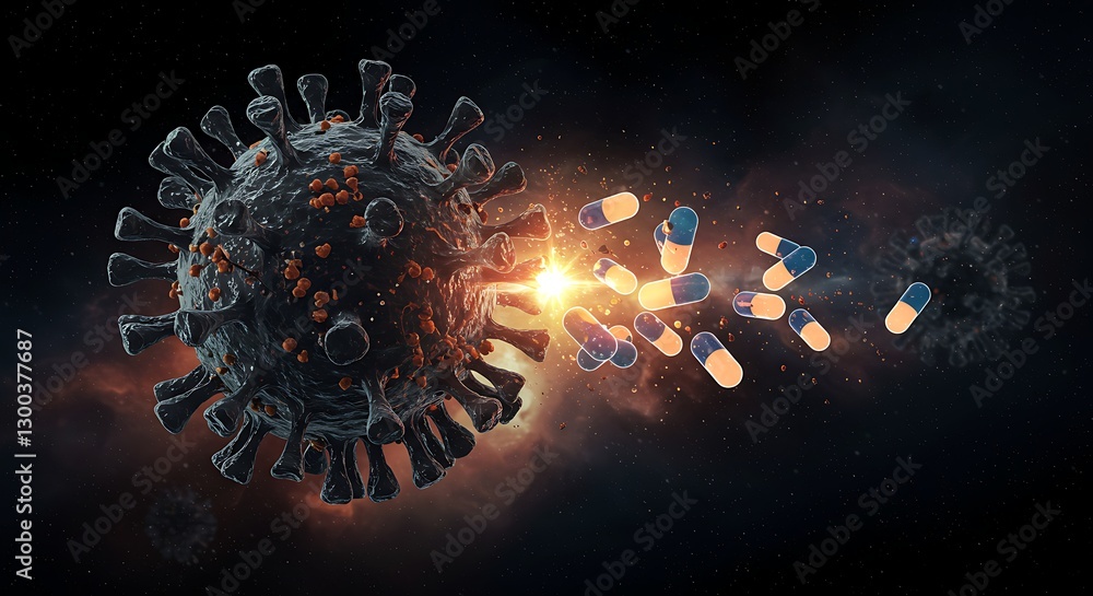 A surreal image of a virus being destroyed by powerful, glowing medicine capsules. A surreal image of a virus being destroyed by powerful, glowing medicine capsules.