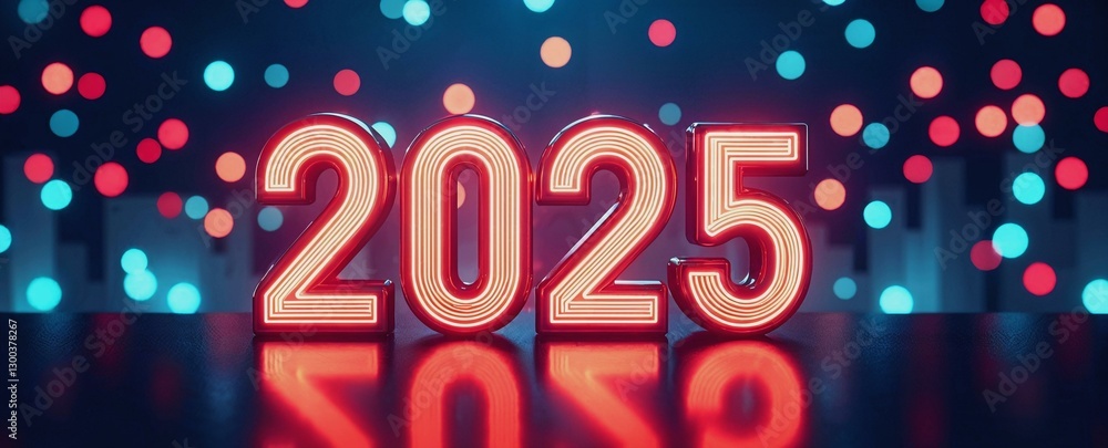 '2025' glowing in neon lights, symbolizing celebration and optimism for the New Year '2025' glowing in neon lights, symbolizing celebration and optimism for the New Year