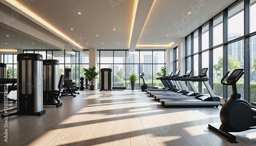 Luxurious gym interior with modern equipment and natural light