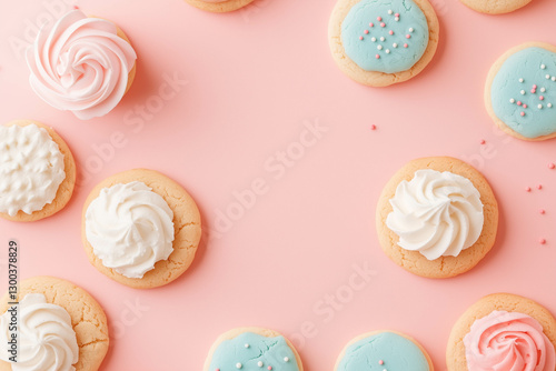 Shortbread cookies decorated with pastel color royal icing and colorful sprinkles.	