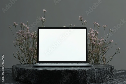 Modern Laptop Mockup with Blank Screen on Dark Stone Pedestal & Flowers