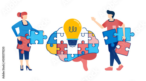 Illustration of People Solving Complex Problems and Developing Innovative Ideas with the Aid of an AI Brain, Lightbulbs, and Puzzle Elements for Brainstorming