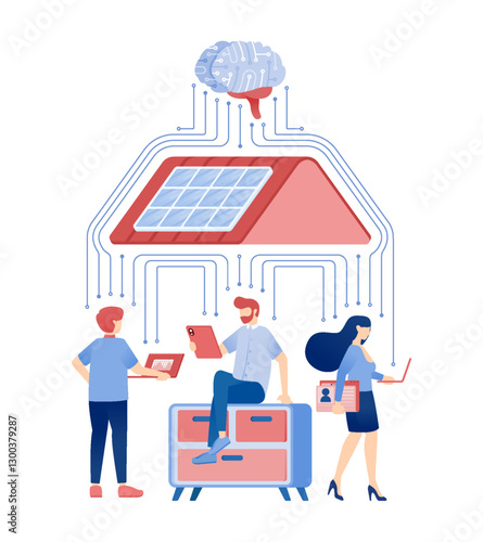 Illustration of an AI Brain Optimizing Clean Energy for an Independent House Using Eco-Friendly Solar Panels and Networked Energy Integration