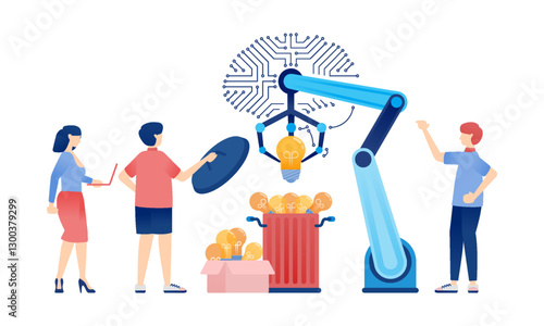 Illustration of People Using AI Brains and Processing Chips for Financial and Accounting Services, Boosting Stock Trading Efficiency