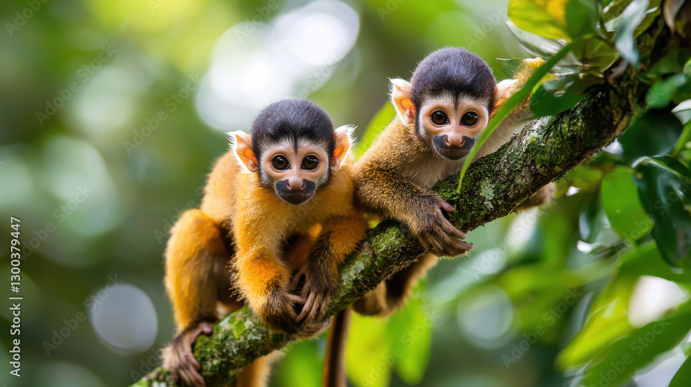 Lively monkeys swinging through tropical trees, showcasing playful behavior Lively monkeys swinging through tropical trees, showcasing playful behavior