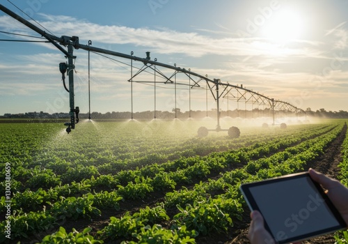 High-tech irrigation system waters crops in a sunny field with a tablet. photo