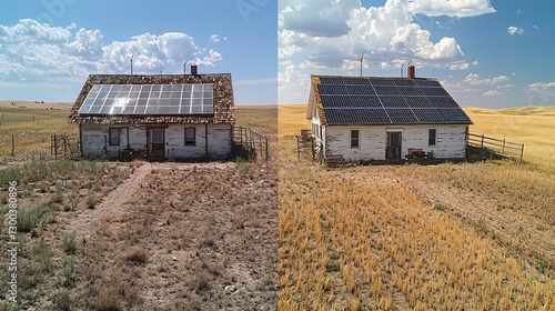Wallpaper Mural Transformation of Abandoned Farmhouse Showing Solar Panel Installation and Surrounding Landscape Changes Torontodigital.ca