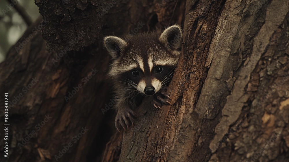Obraz premium Curious Baby Raccoon Peeking Behind Tree Trunk with Tiny Paws Gripping Bark