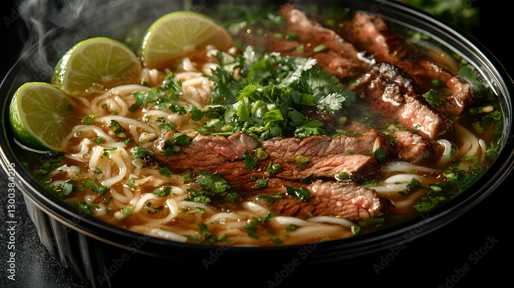 Delicious Beef Noodle Soup Dish With Lime And Herb Garnish Delicious Beef Noodle Soup Dish With Lime And Herb Garnish