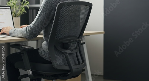 A professional young woman adjusting her chair for better ergonomics as she prepares to work on her computer in the office
