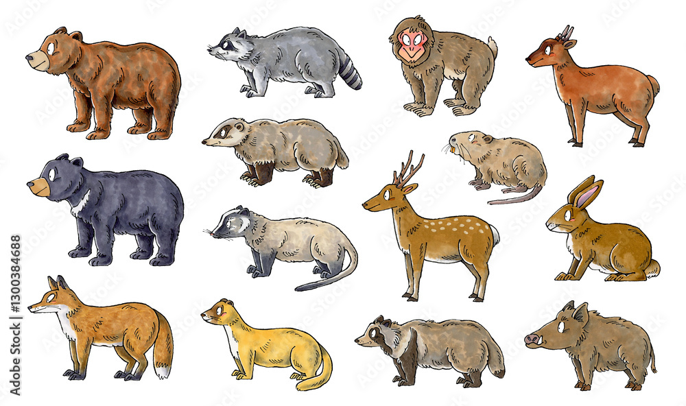 Fototapeta premium 害獣セット(ヒグマ、ツキノワグマ、キツネ、アライグマ、アナグマ、ハクビシン、イタチ、サル、ヌートリア、シカ、タヌキ、キョン、ウサギ、イノシシ)