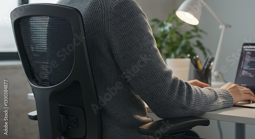 A professional young woman adjusting her chair for better ergonomics as she prepares to work on her computer in the office
