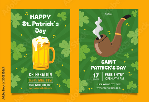 St. Patrick's day celebration poster and flyer template with beer mug and smoking pipe irish festival party invitation