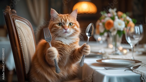 Ginger Cat Holding Silverware at Table Setting Ready to Eat