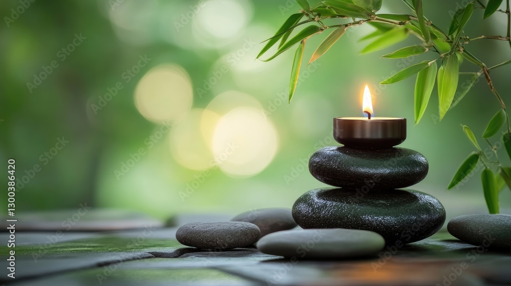Obraz premium Zen Garden Serenity, Candlelight and Stacked Stones