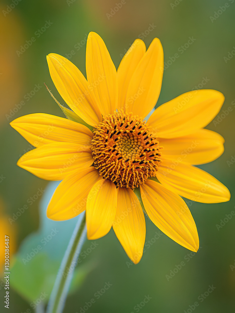 A bright yellow daisy flower with dew drops in a close-up view, showcasing the beauty of nature in full bloom during the summer A bright yellow daisy flower with dew drops in a close-up view, showcasing the beauty of nature in full bloom during the summer