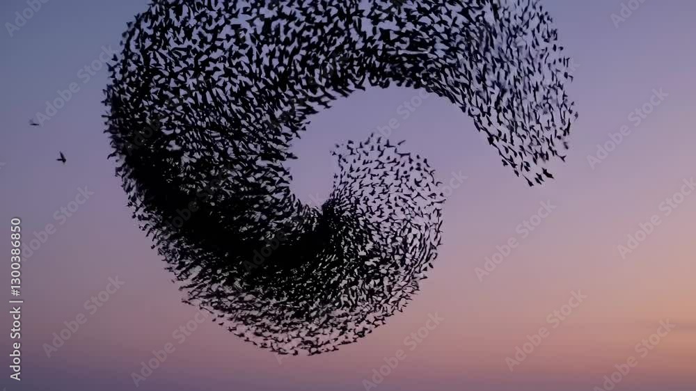 Starling murmuration swirling across vibrant sunset sky, creating hypnotic aerial dance with dramatic gradient colors and synchronized bird movement
