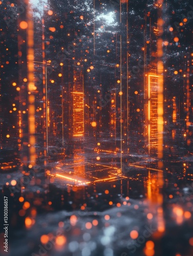 In a futuristic hi-tech illustration, digital background includes floating, glowing particles. It illustrates the idea of data transfer in cyberspace. Big data visualization. 3D rendering