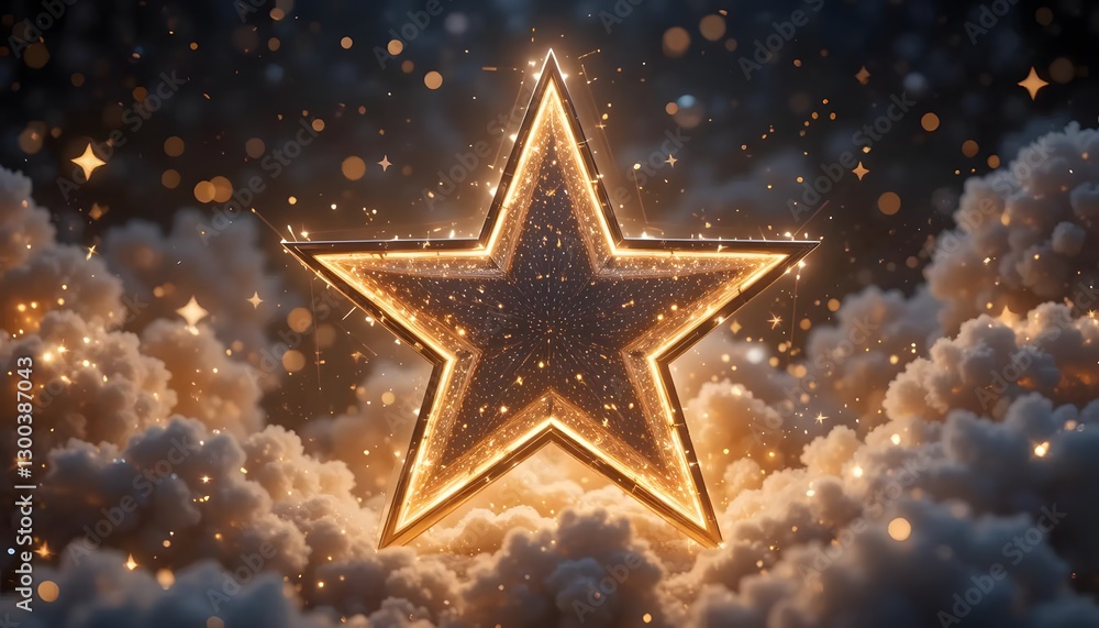 Glowing Star Shining Brightly Above Clouds with Glittering Starry Background Glowing Star Shining Brightly Above Clouds with Glittering Starry Background