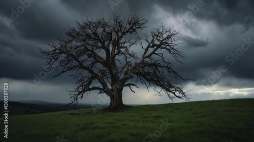 A serene yet dramatic landscape featuring a lone tree standing at the center of a gently sloping hill