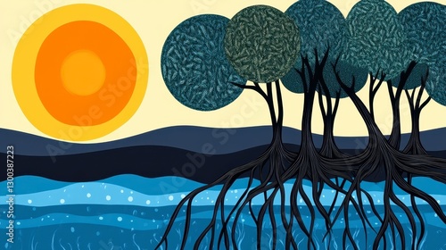 Stylized Mangrove Trees at Sunset, Dark Blue Water, Orange Sun