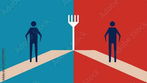 Two Roads Diverging A fork in the road with one path marked Left and the other Right. People standing at each path facing away from each other with signs showing contrasting