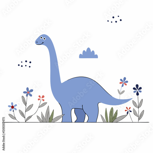 Cute Blue Dinosaur Illustration: Pastel Floral Background - Kids Decor.