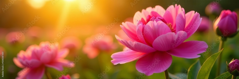 Obraz premium Close-up of vibrant pink peony flowers under golden sunlight, garden, sunlight
