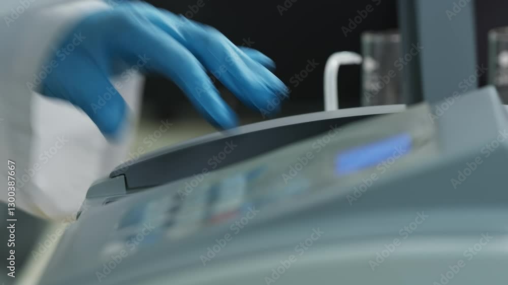A man in a white coat and protective gloves works in a chemical laboratory with a scientific instrument. A man in a white coat and protective gloves works in a chemical laboratory with a scientific instrument.