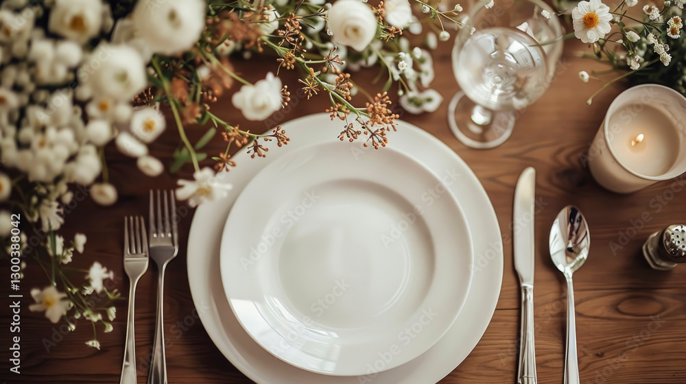 A beautifully arranged dining table featuring white plates, cutlery, and floral decorations, creating a serene atmosphere for a gathering. A beautifully arranged dining table featuring white plates, cutlery, and floral decorations, creating a serene atmosphere for a gathering.