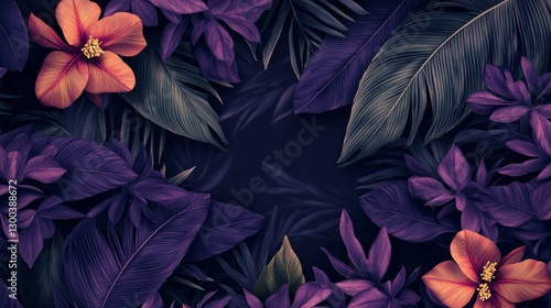 Wallpaper Mural Creative background of tropical leaves and flowers colored in dark purple. Tropical background for design. Torontodigital.ca