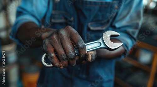 Close-up of a mechanic's hands gripping a wrench, showcasing craftsmanship in a workshop environment