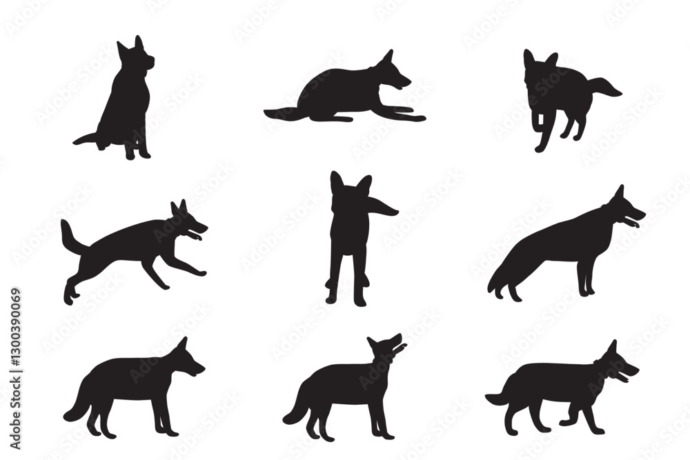 Obraz premium Set of black dog silhouettes in various poses, including sitting, standing, running and lying down. Silhouettes of German Shepherd silhouettes. Minimalistic flat vector illustrations set.
