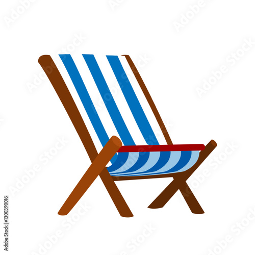 Stripped beach chair in blue and white colors with wooden construction isolated on white background. Cartoon vector illustration.