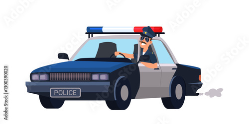 Smiling police officer driving classic black and white patrol car with red and blue emergency lights. Traffic policeman. Cartoon vector illustration.