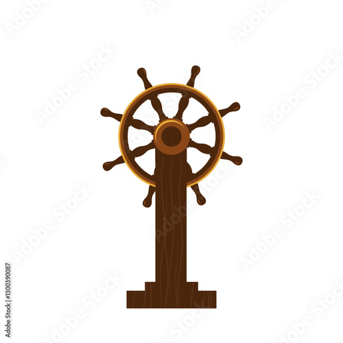 Wooden ship wheel with vintage maritime design featuring eight spokes and sturdy base. Classic helm for steering sailing vessels. Navigation, adventure and pirate design. Cartoon vector illustration.