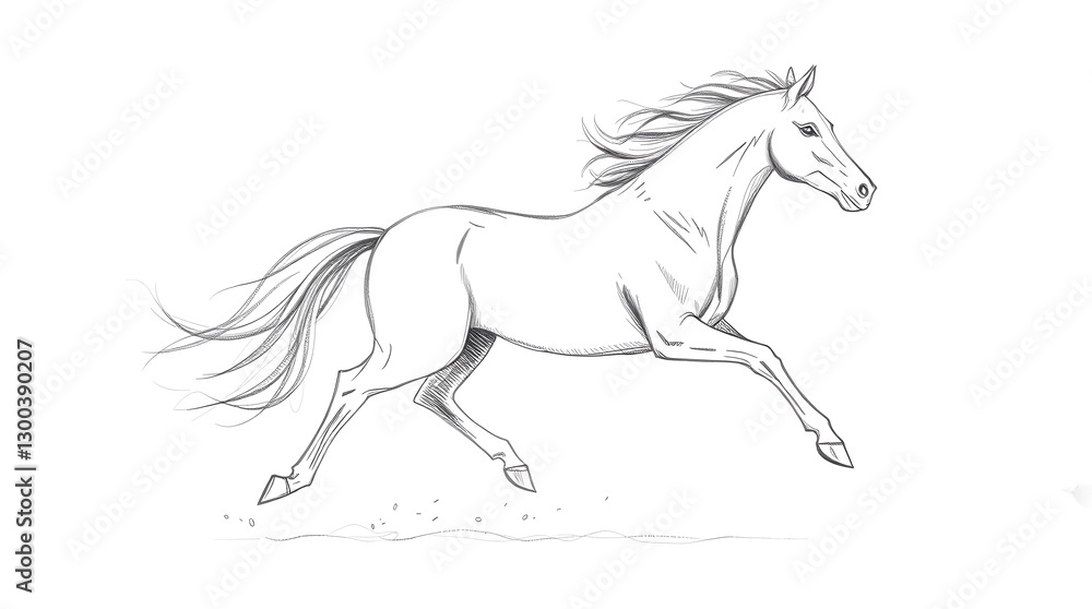 Running Horse Pencil Sketch Illustration on White Background Graceful Movement Running Horse Pencil Sketch Illustration on White Background Graceful Movement