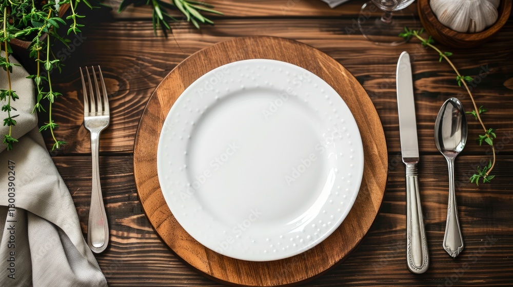 table setting. Top view of an empty white plate. Fork and knife are elegantly placed on either side. Soft, warm lighting casts soft shadows on the table table setting. Top view of an empty white plate. Fork and knife are elegantly placed on either side. Soft, warm lighting casts soft shadows on the table