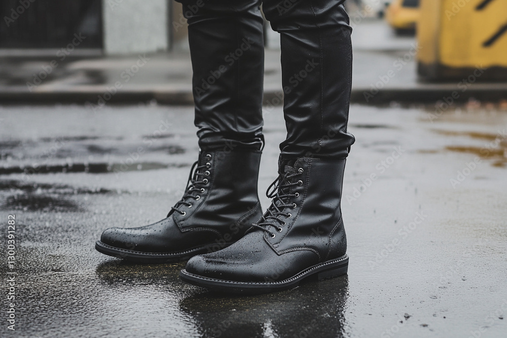 Man in black leather boots stands on wet pavement after rain Man in black leather boots stands on wet pavement after rain