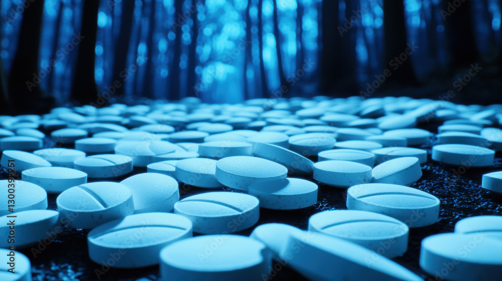 Fototapeta premium Fentanyl Painkiller Synthetic Opioid Crisis. Scattered white pills on a forest floor under a blueish light.