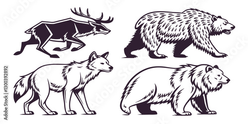 Alaskan Animals Vector Set – Moose, Lynx, Grizzly Bear, Wolf, Bison & More