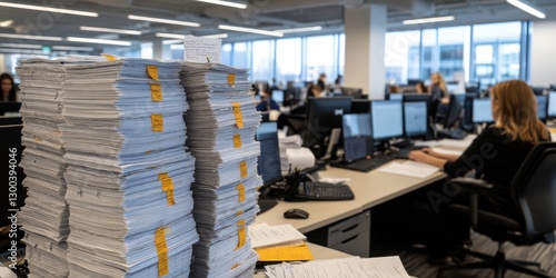 A bustling office scene with stacks of papers and focused employees working at their desks, embodying productivity.