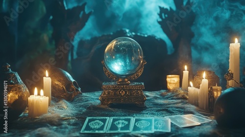 crystal ball and tarot cards on an altar, surrounded by candles and mystical symbols for an enlightening reading. photo