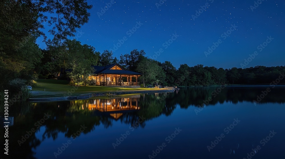 A serene lakeside view at night, with the stars reflecting in the still water A serene lakeside view at night, with the stars reflecting in the still water