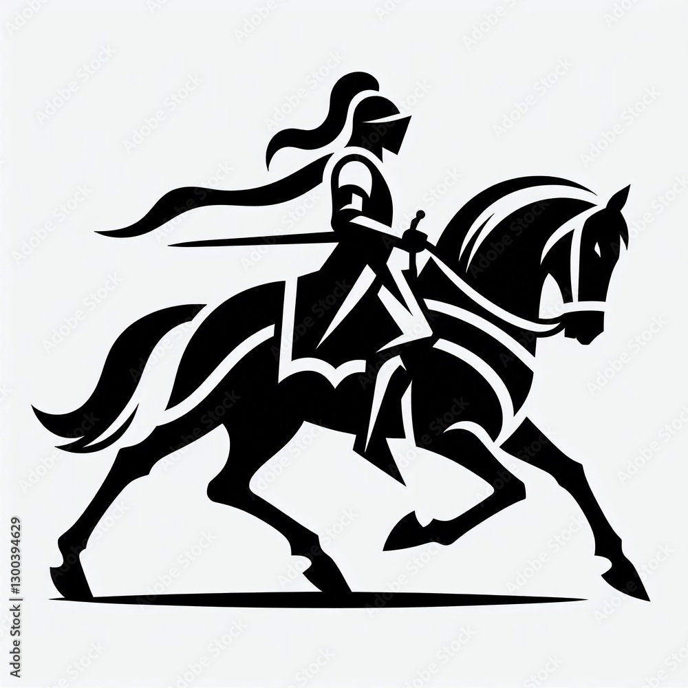 Silhouette of a medieval knight in full armor riding a galloping horse, wielding a sword. Silhouette of a medieval knight in full armor riding a galloping horse, wielding a sword.
