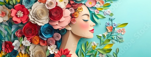 art with paper, happy woman with flowers Women's day specials. Generative Ai,