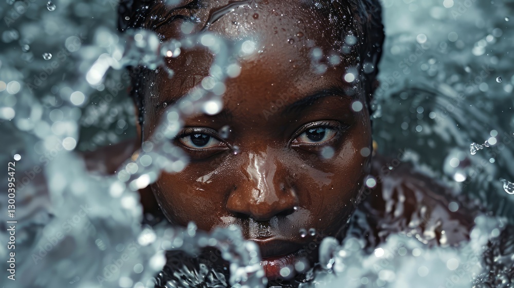 Close-up of a young person emerging from water, with droplets splashing around, conveying a sense of freedom and vitality Close-up of a young person emerging from water, with droplets splashing around, conveying a sense of freedom and vitality