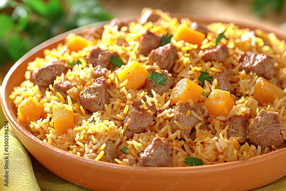 A delicious plate of rice mixed with pieces of meat and pumpkin, seasoned with herbs, creating a balanced and flavorful meal, perfect for any occasion. A delicious plate of rice mixed with pieces of meat and pumpkin, seasoned with herbs, creating a balanced and flavorful meal, perfect for any occasion.