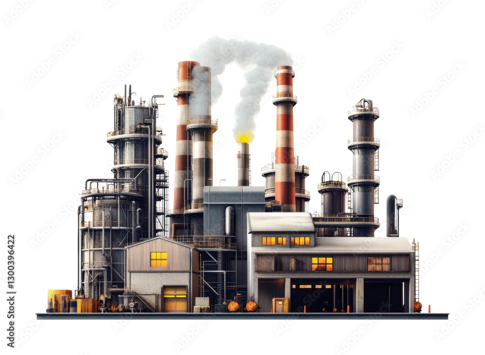 Industrial complex with smokestacks and illuminated windows at dusk showing energy generation processes and urban development, cut out Industrial complex with smokestacks and illuminated windows at dusk showing energy generation processes and urban development, cut out